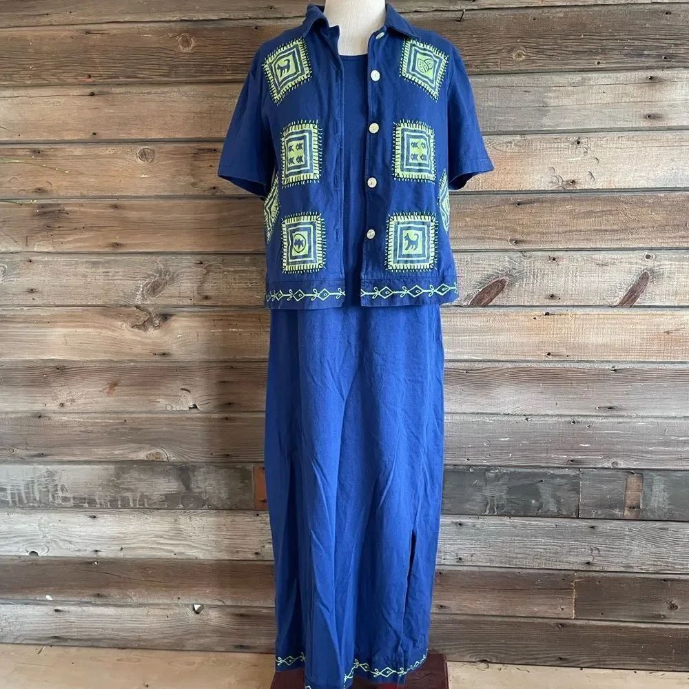 Country Wear 2000 Casuals Button Down Shirt and Matching Maxi Dress Size M EUC